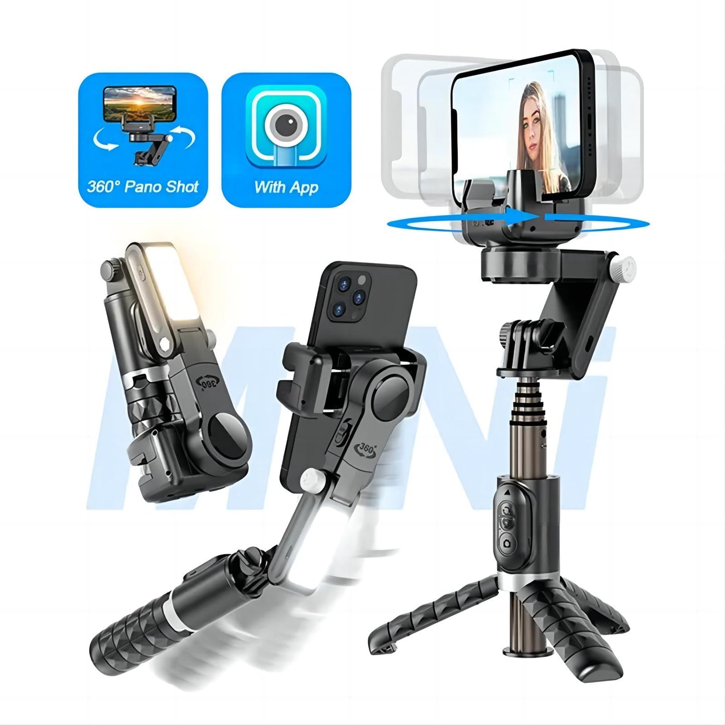 Handheld Phone Gimbal Stabilizer Bluetooth Remote Control 360 Rotating Selfie Stick Tripod with LED Fill Light and Face Tracking