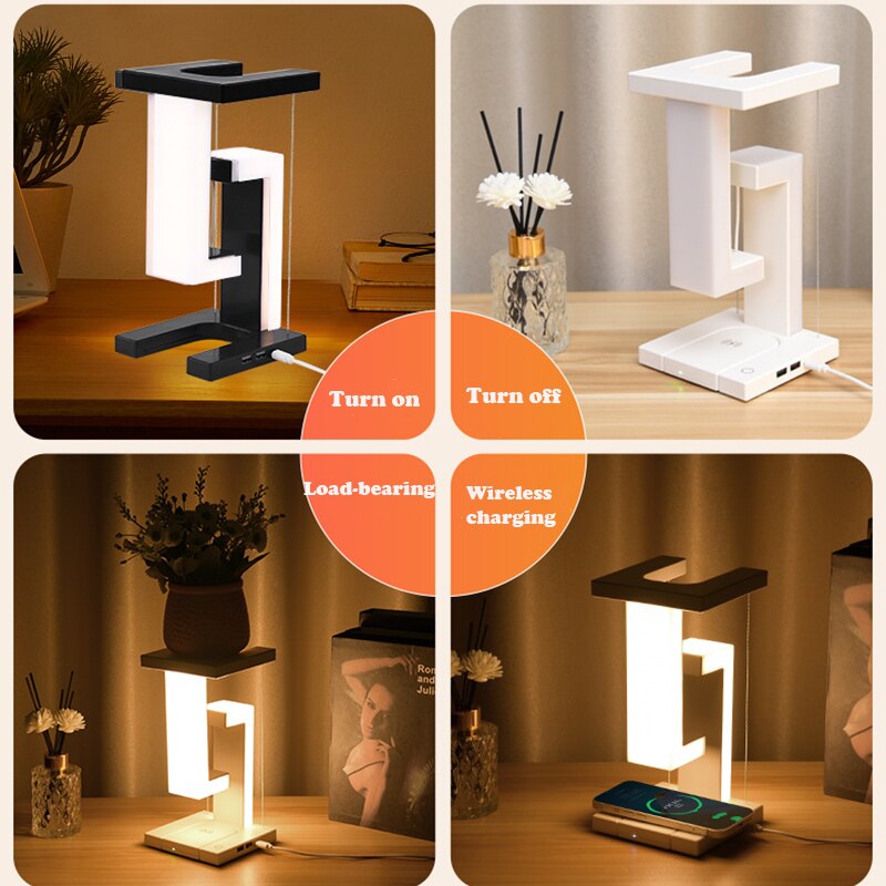 Creative Led Night Light Anti-gravity Floating Desk Lamp Touch Dimming Bedside Bedroom Night Lamp with 10W Wireless Charger Dock