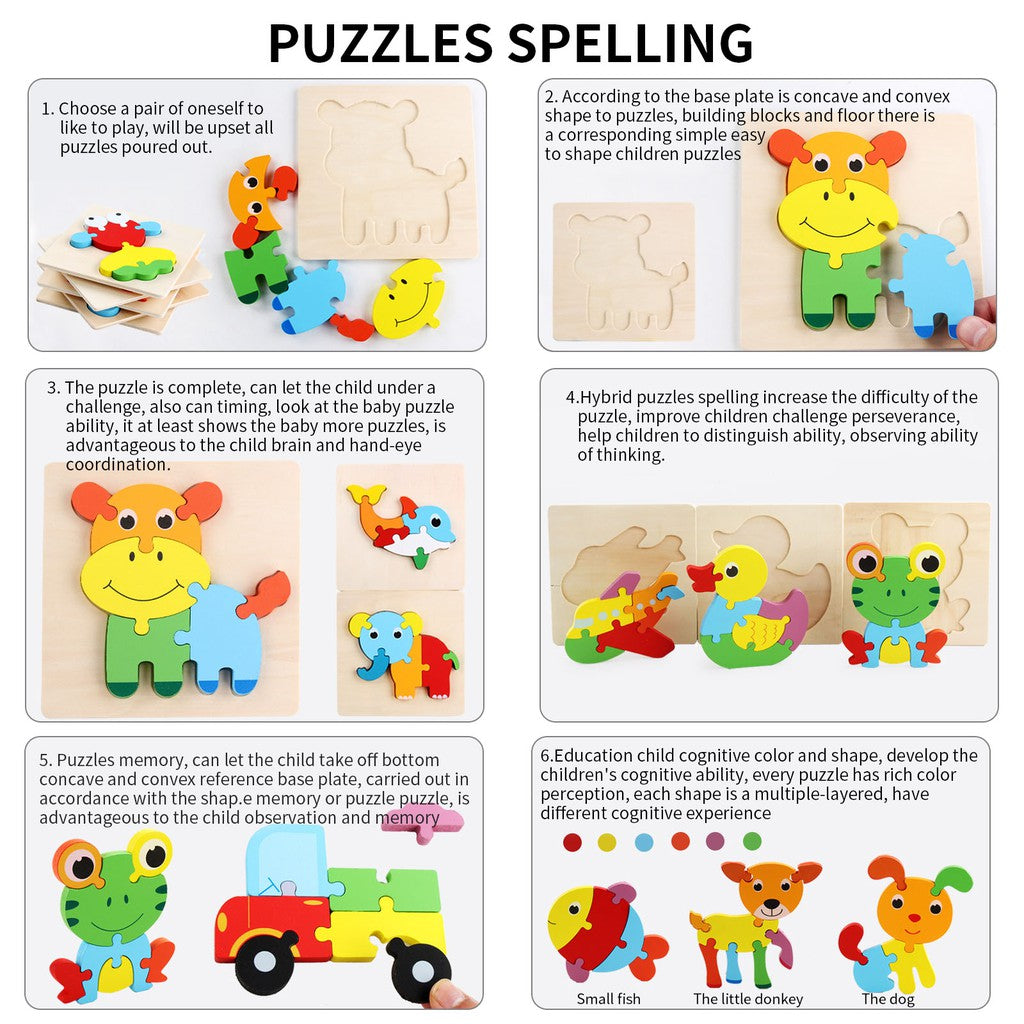 【READY STOCK】15CM*15CM Puzzle Wooden Toys Cute Cartoon Animal & Transportation Lego Kids Early Learning Educational