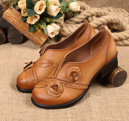 Ethnic style single shoes leather thick with round head women's shoes retro shallow shoes