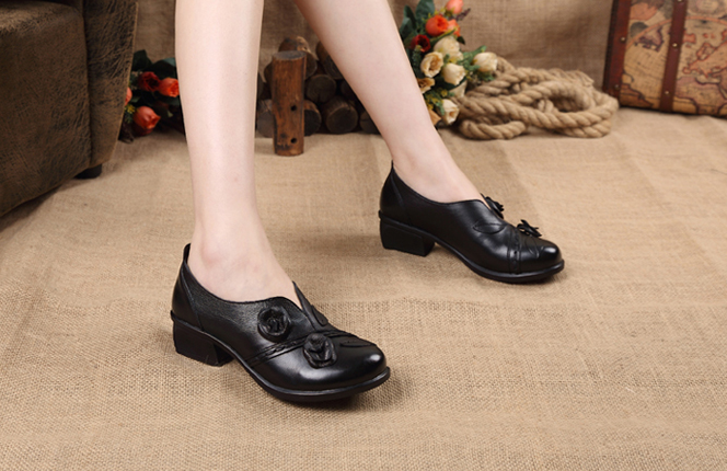 Ethnic style single shoes leather thick with round head women's shoes retro shallow shoes