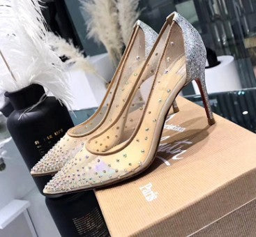 Mesh Rhinestone Transparent Women's Single Shoes Pointed High Heels Women