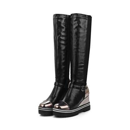 High-top Patent Leather One-step High-heeled Wedge-heeled Plus Size Women's Boots