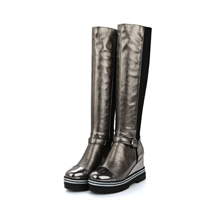 High-top Patent Leather One-step High-heeled Wedge-heeled Plus Size Women's Boots