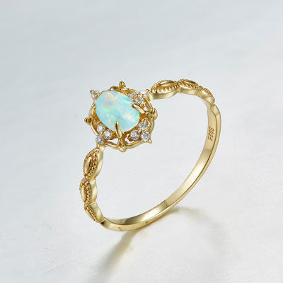 Japanese natural opal jewelry light Dan shape 925 Silver Ring female Jeweled 10K gold plated Vintage Jewelry