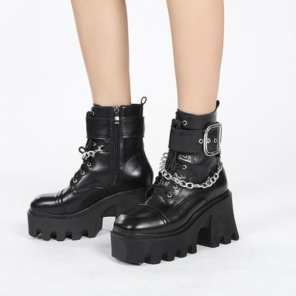 New Square Toe Thick Heel Side Zipper Platform Belt Buckle Platform Shoes Female Chain Martin Boots