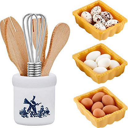 Skylety 28 Pieces 1:12 Dollhouse Kitchen Decorations, 6 Pieces Miniature Egg Beater and Utensils with 18 Pieces Mini Egg Models Miniature Food Toy with Pottery Holder Pretend Play Toy