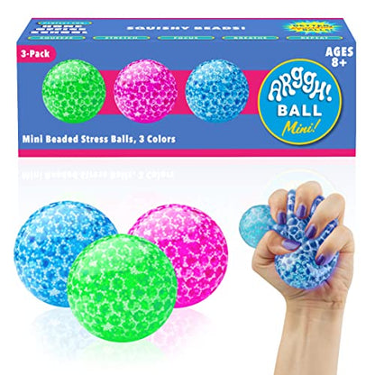 Power Your Fun Arggh Mini Beaded Stress Balls for Kids and Adults - 3pk Squishy Water Bead Filled Anti Stress Ball Fidget Toys, Sensory Stress and Anxiety Relief Squeeze Toys (Pink, Blue, Green)