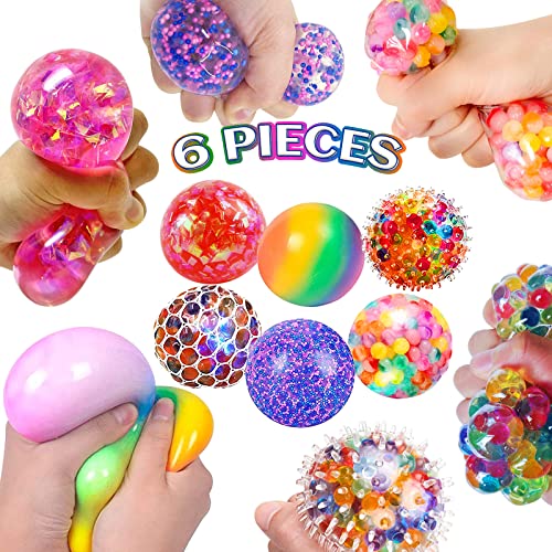 Squishy Stress Balls for Kids Fidget Toys - 6 Pack Sensory Stress Balls Set Rainbow Mesh Squishy Ball Water Bead Nedoh Needohball Stress Balls Bulk Squeeze Ball for Autism ADHD