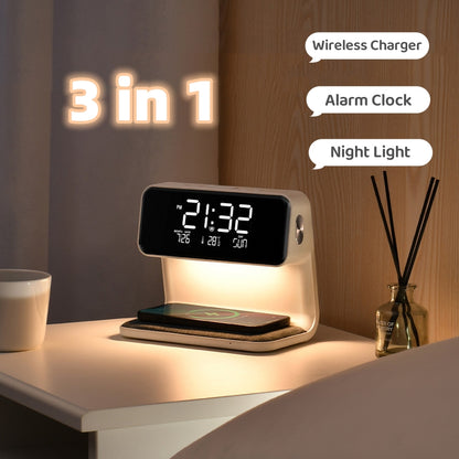 Creative 3 in 1 Bedside Lamp Wireless Charging LCD Screen Alarm Clock Wireless Phone Charger for Iphone