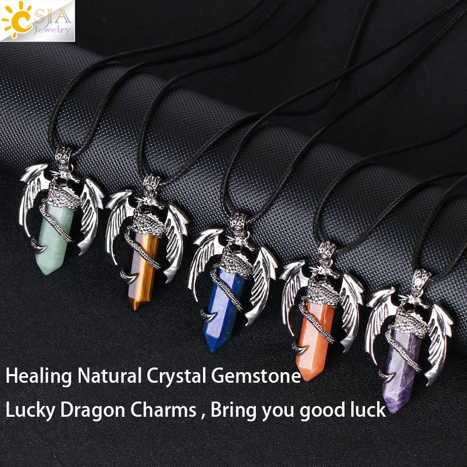 CSJA Animal Dragon Man Necklace Natural Gem Stone Healing Pink Quartz Hexagonal Crystal Pendant Vintage Jewelry for Women H012