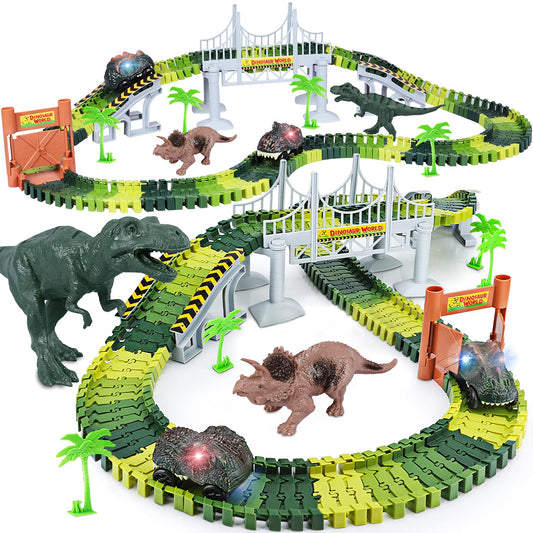 Dinosaur Toys,Create A Dinosaur World Road Race,Flexible Track Playset and 2 pcs Cool Dinosaur car for 3 4 5 6 Year & Up Old boy Girls Best Gift