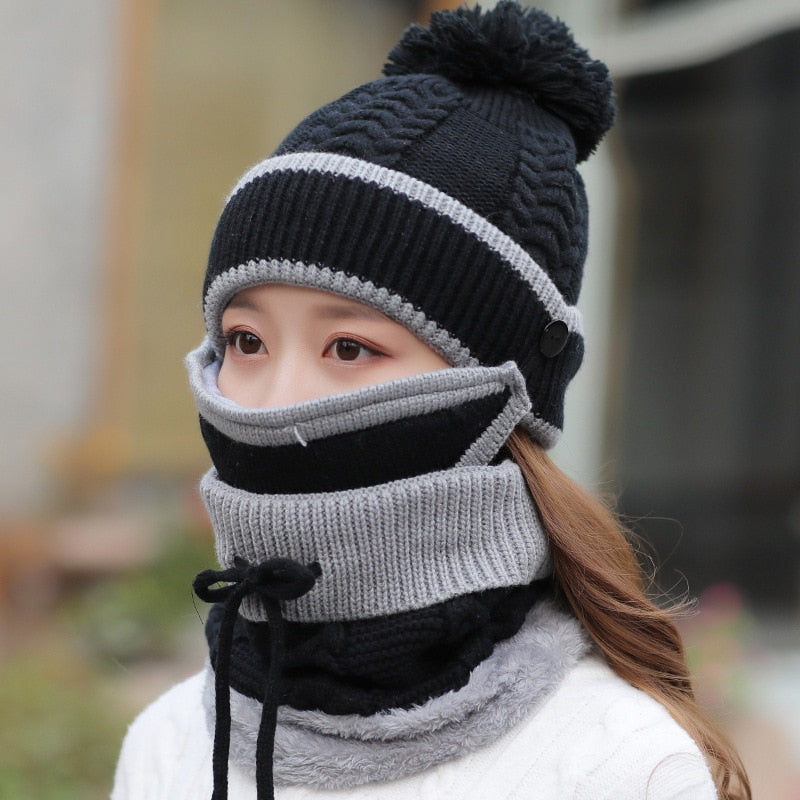 3Pcs/set 2021 Winter Women's Hat Mask Hat Scarf Thick Warm Fleece Inside Knitted Hat Scarf Set Winter Riding Fashion Cap