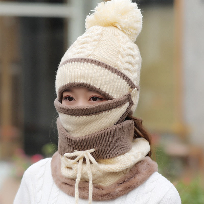 3Pcs/set 2021 Winter Women's Hat Mask Hat Scarf Thick Warm Fleece Inside Knitted Hat Scarf Set Winter Riding Fashion Cap