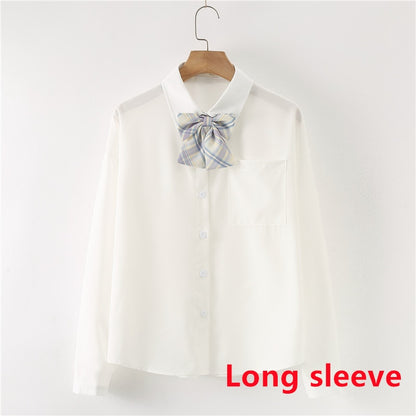 Women Summer Blouses Shirt Short Sleeve Solid White Tops With Tie Bow Japanese Korean JK Style Female Shirts Lapel Blusas #38