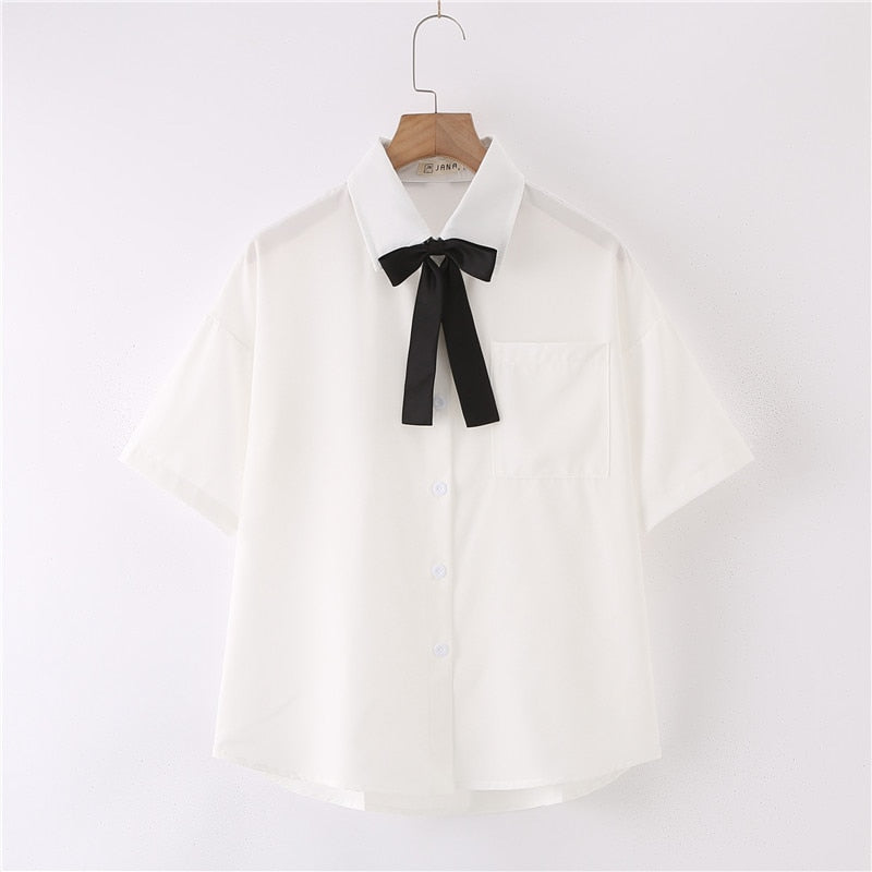 Women Summer Blouses Shirt Short Sleeve Solid White Tops With Tie Bow Japanese Korean JK Style Female Shirts Lapel Blusas #38