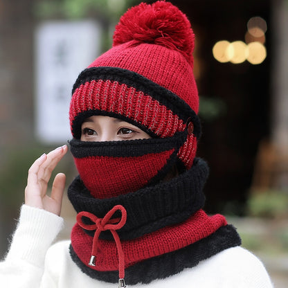 3Pcs/set 2021 Winter Women's Hat Mask Hat Scarf Thick Warm Fleece Inside Knitted Hat Scarf Set Winter Riding Fashion Cap