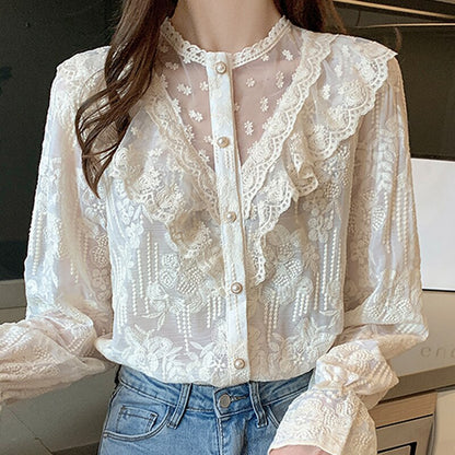 Spring Women Apricot Lace Blouse Shirt Women Tops Long Sleeve Blouse Women Blusas Mujer De Moda 2022 Blouses Women Shirts F229