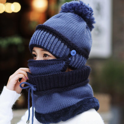 3Pcs/set 2021 Winter Women's Hat Mask Hat Scarf Thick Warm Fleece Inside Knitted Hat Scarf Set Winter Riding Fashion Cap