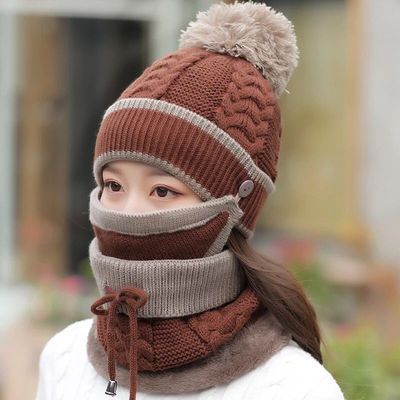 3Pcs/set 2021 Winter Women's Hat Mask Hat Scarf Thick Warm Fleece Inside Knitted Hat Scarf Set Winter Riding Fashion Cap