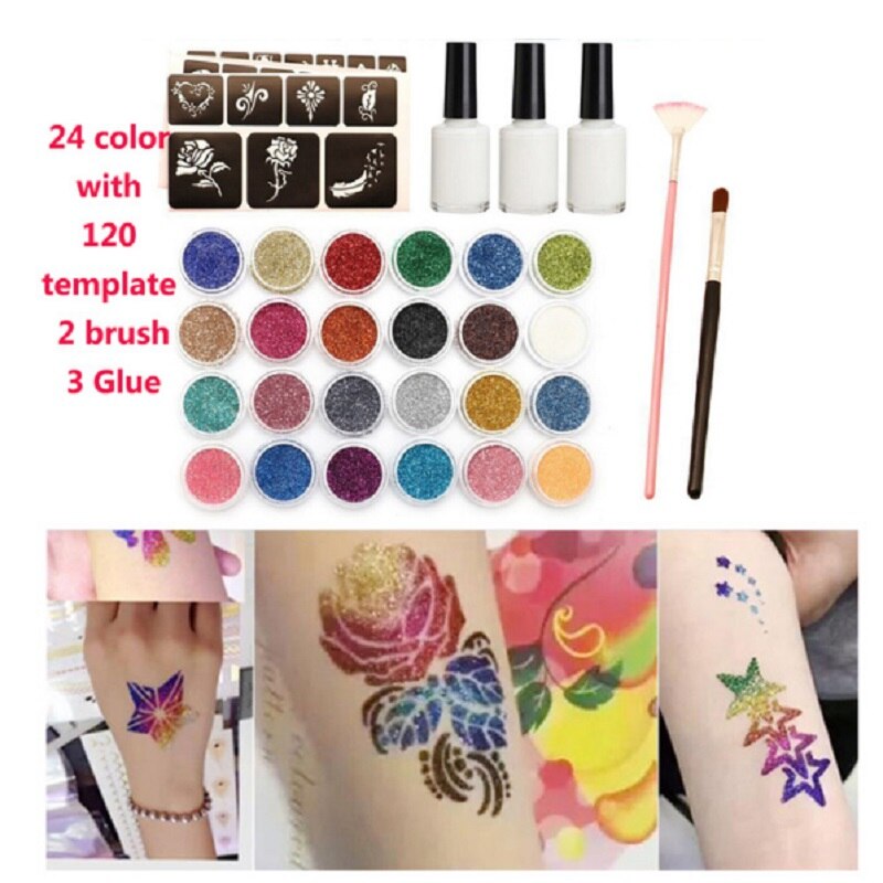 Glitter Tattoo Kits 30 Color 125 Templates Diamond Flash For Temporary Tattoo Set Kids Face Body Painting Art Tools Set