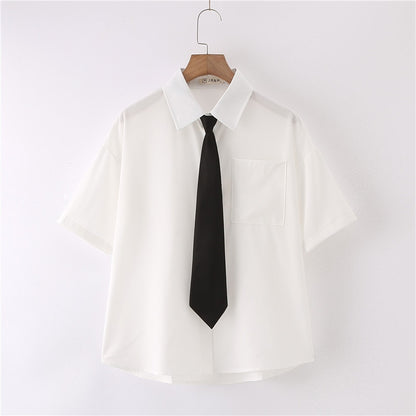 Women Summer Blouses Shirt Short Sleeve Solid White Tops With Tie Bow Japanese Korean JK Style Female Shirts Lapel Blusas #38