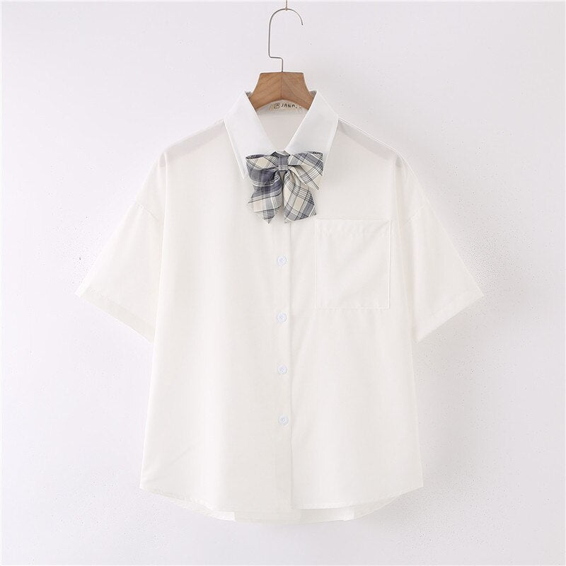 Women Summer Blouses Shirt Short Sleeve Solid White Tops With Tie Bow Japanese Korean JK Style Female Shirts Lapel Blusas #38