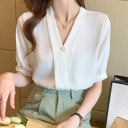 Blusas Blouse Women Blusas Mujer De Moda 2021 Shirts Blouses Femme Top Short Sleeve V-Neck Chiffon Blouse Shirt Tops Women E885