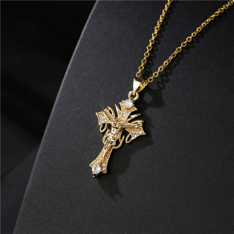 Ins Style Fashion Gold Color Jesus Cross Pendant Necklace For Women Men Hot Sale Jewelry Party Gift