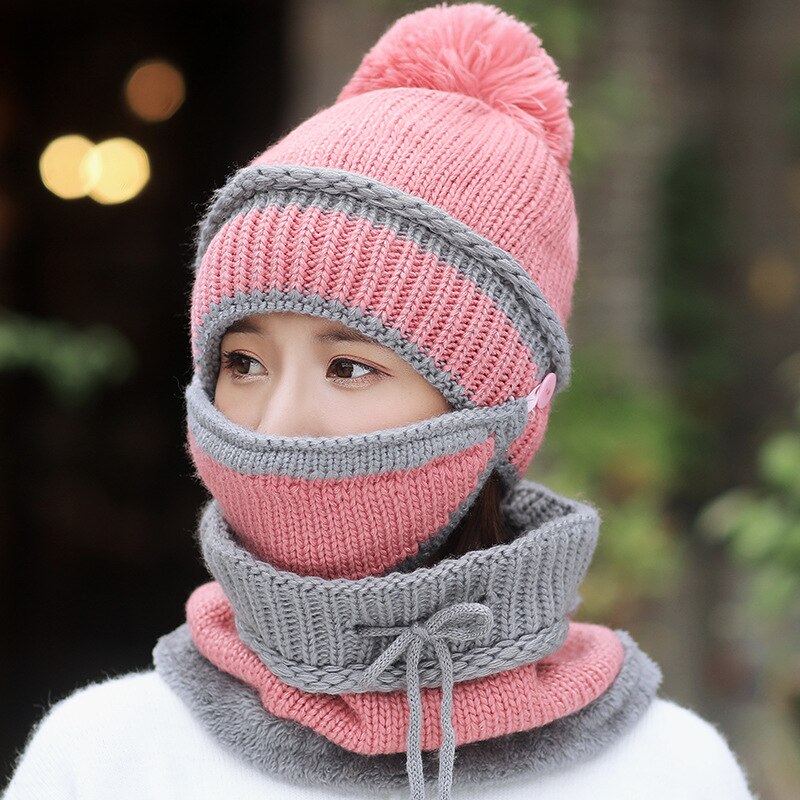 3Pcs/set 2021 Winter Women's Hat Mask Hat Scarf Thick Warm Fleece Inside Knitted Hat Scarf Set Winter Riding Fashion Cap