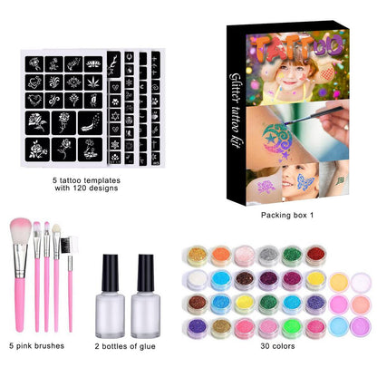 Glitter Tattoo Kits 30 Color 125 Templates Diamond Flash For Temporary Tattoo Set Kids Face Body Painting Art Tools Set