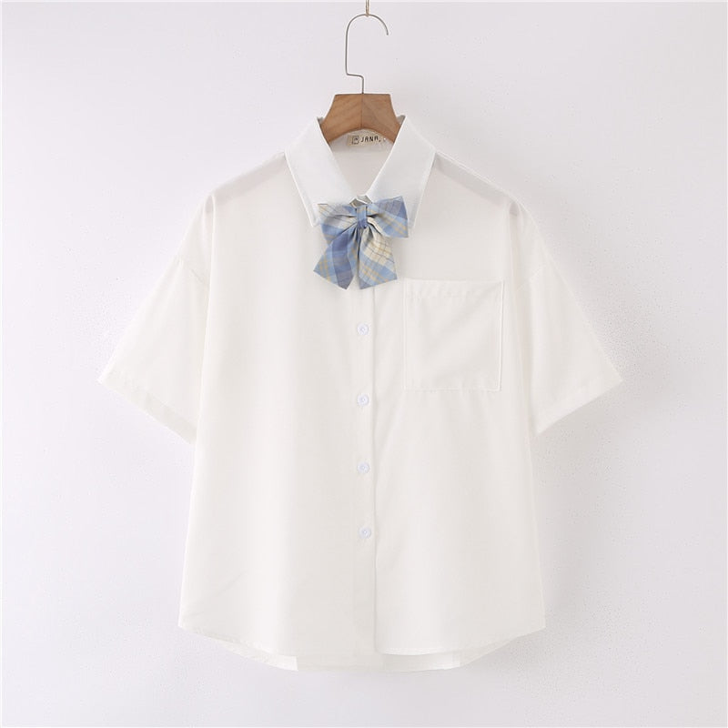 Women Summer Blouses Shirt Short Sleeve Solid White Tops With Tie Bow Japanese Korean JK Style Female Shirts Lapel Blusas #38