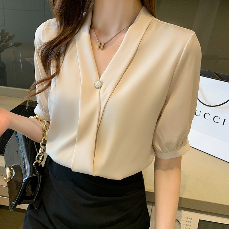 Blusas Blouse Women Blusas Mujer De Moda 2021 Shirts Blouses Femme Top Short Sleeve V-Neck Chiffon Blouse Shirt Tops Women E885