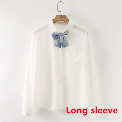 Women Summer Blouses Shirt Short Sleeve Solid White Tops With Tie Bow Japanese Korean JK Style Female Shirts Lapel Blusas #38