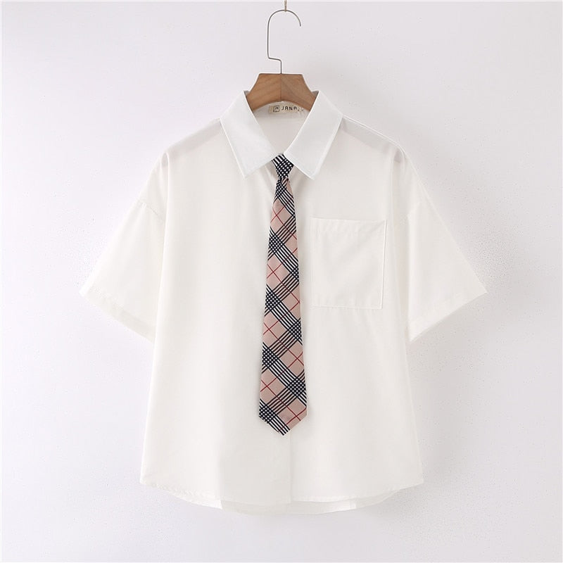 Women Summer Blouses Shirt Short Sleeve Solid White Tops With Tie Bow Japanese Korean JK Style Female Shirts Lapel Blusas #38