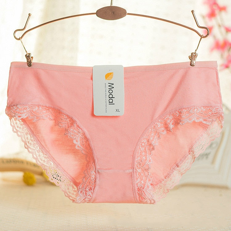 Ladies Modal Solid Mid-Waist Panties Sexy Lace Decoration Bamboo Fiber Beautiful Breathable Panties Wholesale