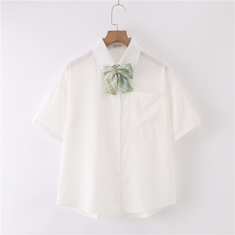 Women Summer Blouses Shirt Short Sleeve Solid White Tops With Tie Bow Japanese Korean JK Style Female Shirts Lapel Blusas #38