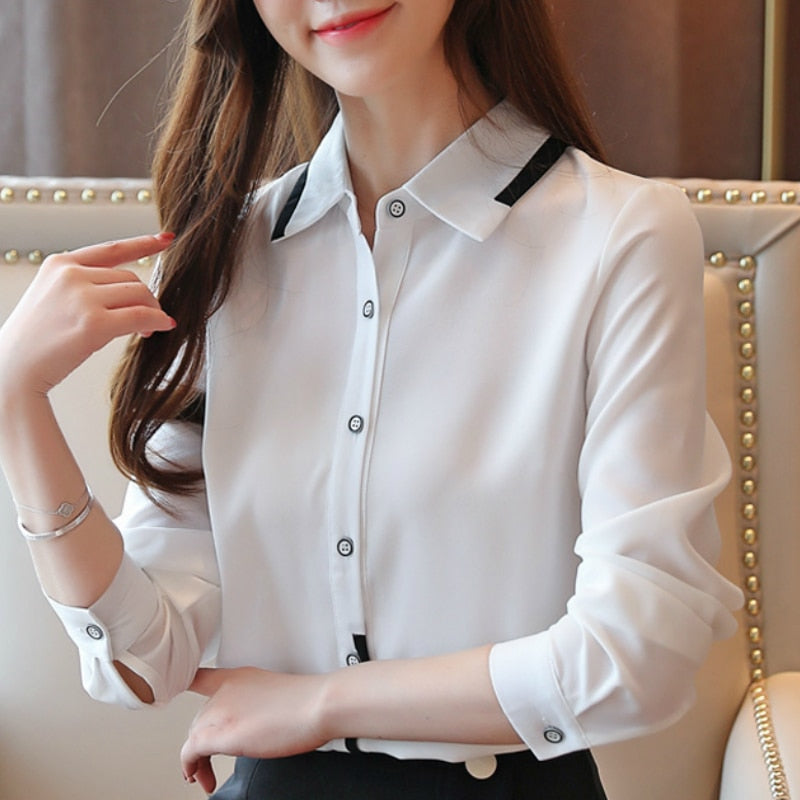 Blouses Woman 2021 Turn Down Collar Office Ladies Tops White Blouse Long Sleeve Chiffon Blouse Womens Tops And Blouses B950