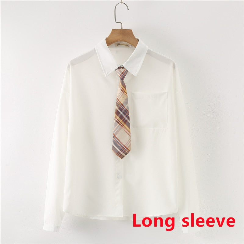 Women Summer Blouses Shirt Short Sleeve Solid White Tops With Tie Bow Japanese Korean JK Style Female Shirts Lapel Blusas #38