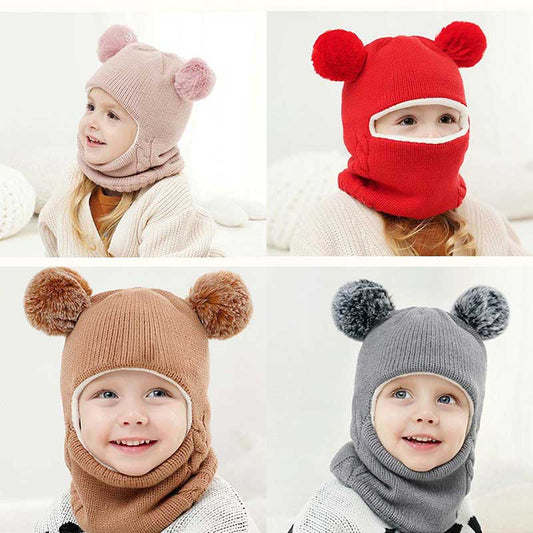 Kid Solid Pompom Beanie Baby Boy Girl Hooded Scarf Caps Hat Winter Warm Knit Flap Cap Scarf Newborn Winter Windproof Warm Hats