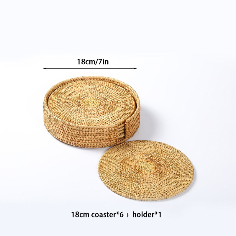 6PCS Woven Rattan Coasters Set With Holder Table Mat Placemat Coffee Tea Cup Coaster Pot Bowl Pad Glass Base Kitchen Accessories