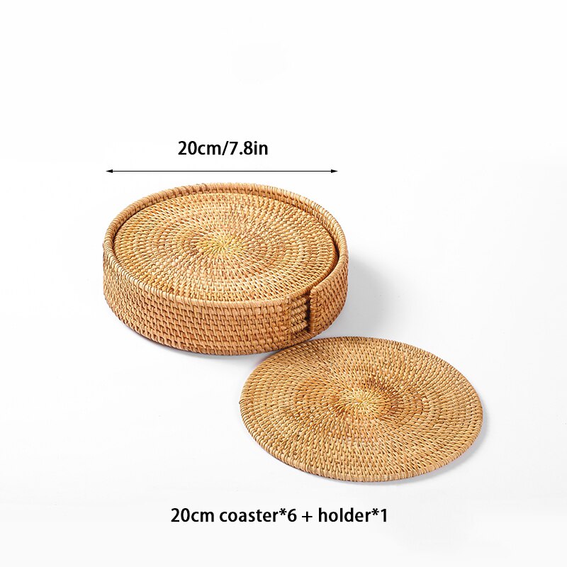 6PCS Woven Rattan Coasters Set With Holder Table Mat Placemat Coffee Tea Cup Coaster Pot Bowl Pad Glass Base Kitchen Accessories