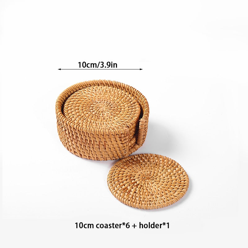 6PCS Woven Rattan Coasters Set With Holder Table Mat Placemat Coffee Tea Cup Coaster Pot Bowl Pad Glass Base Kitchen Accessories