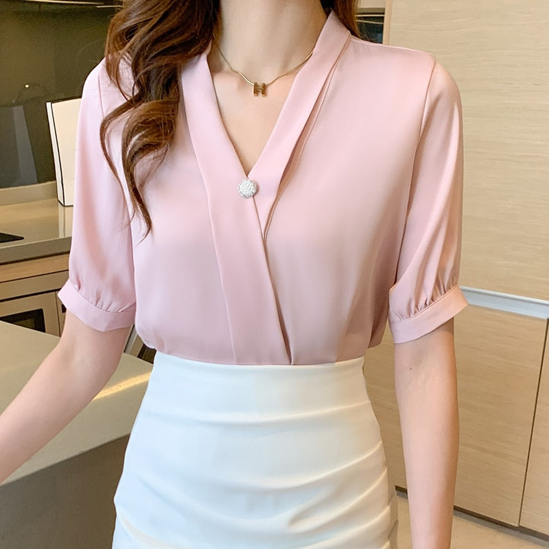 Blusas Blouse Women Blusas Mujer De Moda 2021 Shirts Blouses Femme Top Short Sleeve V-Neck Chiffon Blouse Shirt Tops Women E885