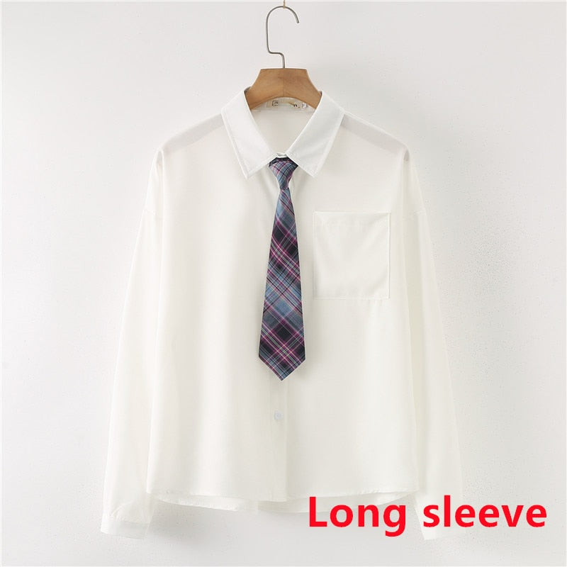 Women Summer Blouses Shirt Short Sleeve Solid White Tops With Tie Bow Japanese Korean JK Style Female Shirts Lapel Blusas #38