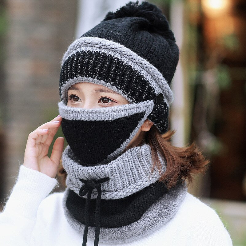 3Pcs/set 2021 Winter Women's Hat Mask Hat Scarf Thick Warm Fleece Inside Knitted Hat Scarf Set Winter Riding Fashion Cap