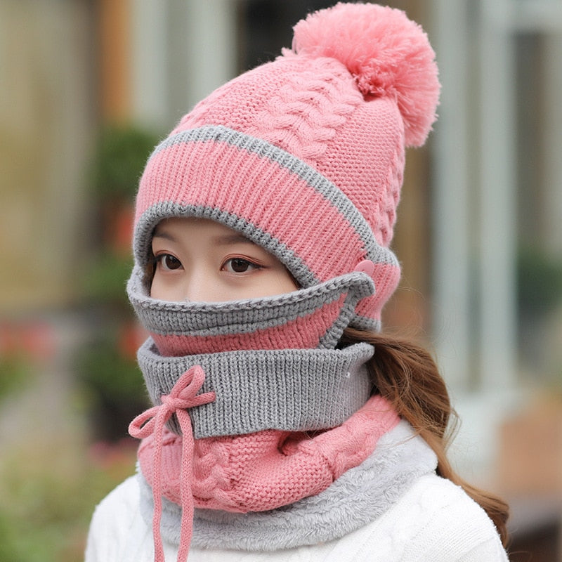 3Pcs/set 2021 Winter Women's Hat Mask Hat Scarf Thick Warm Fleece Inside Knitted Hat Scarf Set Winter Riding Fashion Cap