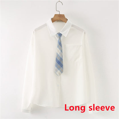 Women Summer Blouses Shirt Short Sleeve Solid White Tops With Tie Bow Japanese Korean JK Style Female Shirts Lapel Blusas #38