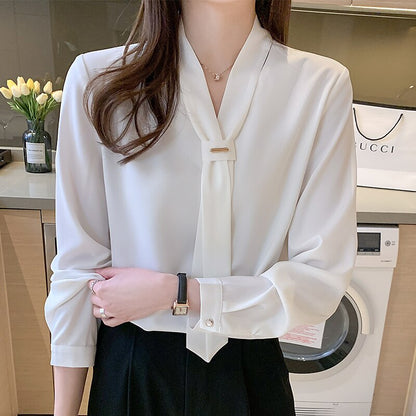 Blusas Tops Women Blouses Femme White Blouse Long Sleeve Blouse Women Blusas Mujer De Moda 2021 V-Neck Chiffon Blouse Shirt E636