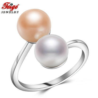 3 Colors Natural Freshwater Cultured Pearl Ring for Women Gifts Accesories Double Pearl Ring Gemstone Fashion Jewelry FEIGE